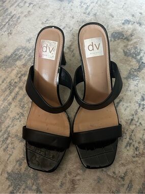 DV by Dolce Vita Black Square-Toe Double Strap Heeled Mules